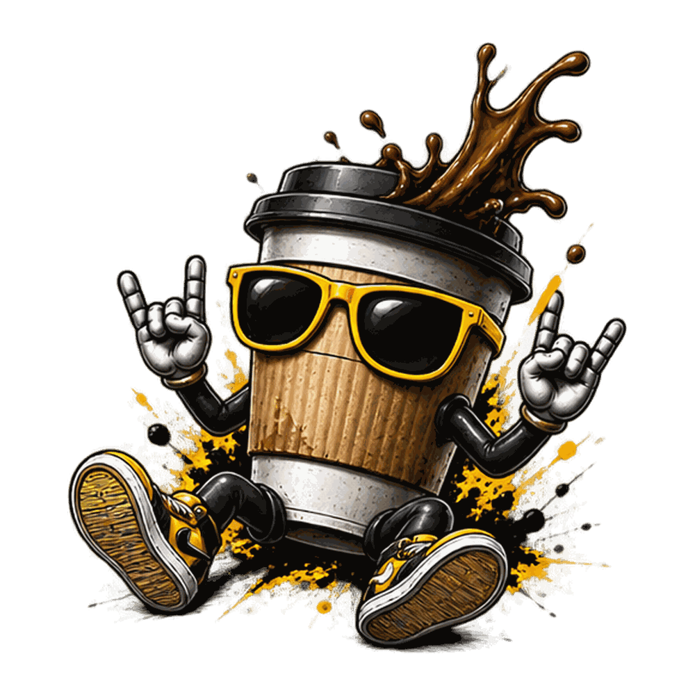 Loquillo convertido en un vaso de café para llevar, con gafas de sol amarillas, zapatillas y haciendo los cuernos con las dos manos mientras salpica el café
